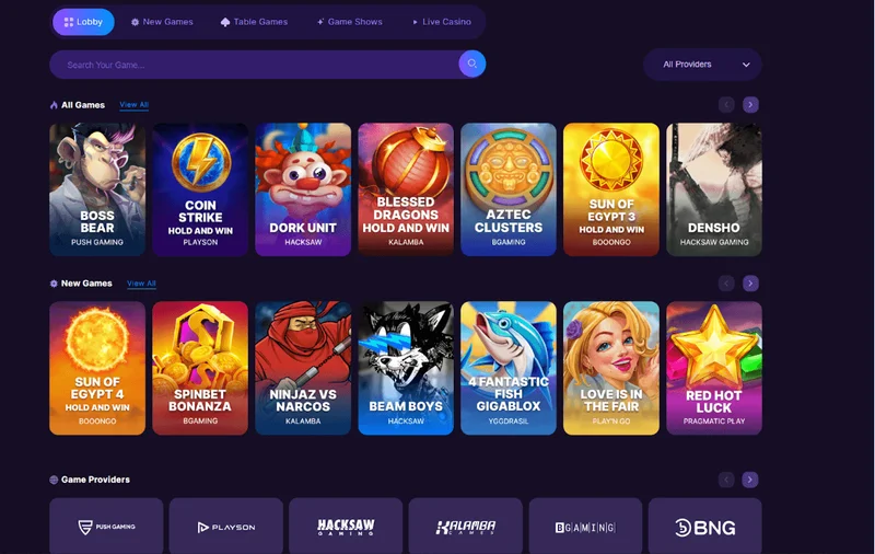 SpinBet Casino Homepage Interface